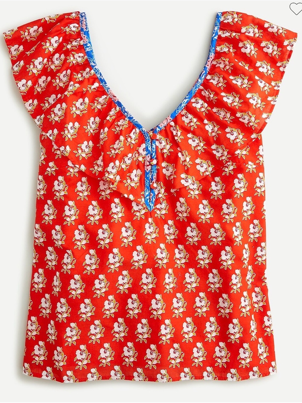 J. Crew Ruffle V-Neck Cotton Top Classic Block Print Red Floral Sz M Boho